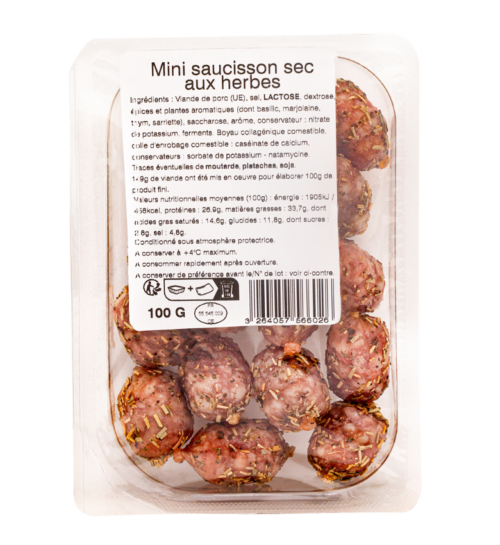 packshots Mini saucissons secs aux herbes berni de la gamme le frais emballé