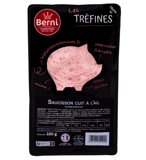 packshot Saucisson cuit à l’ail Berni gamme tréfines