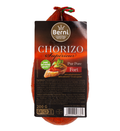 Packshot chorizo fort sans sel nitrité berni